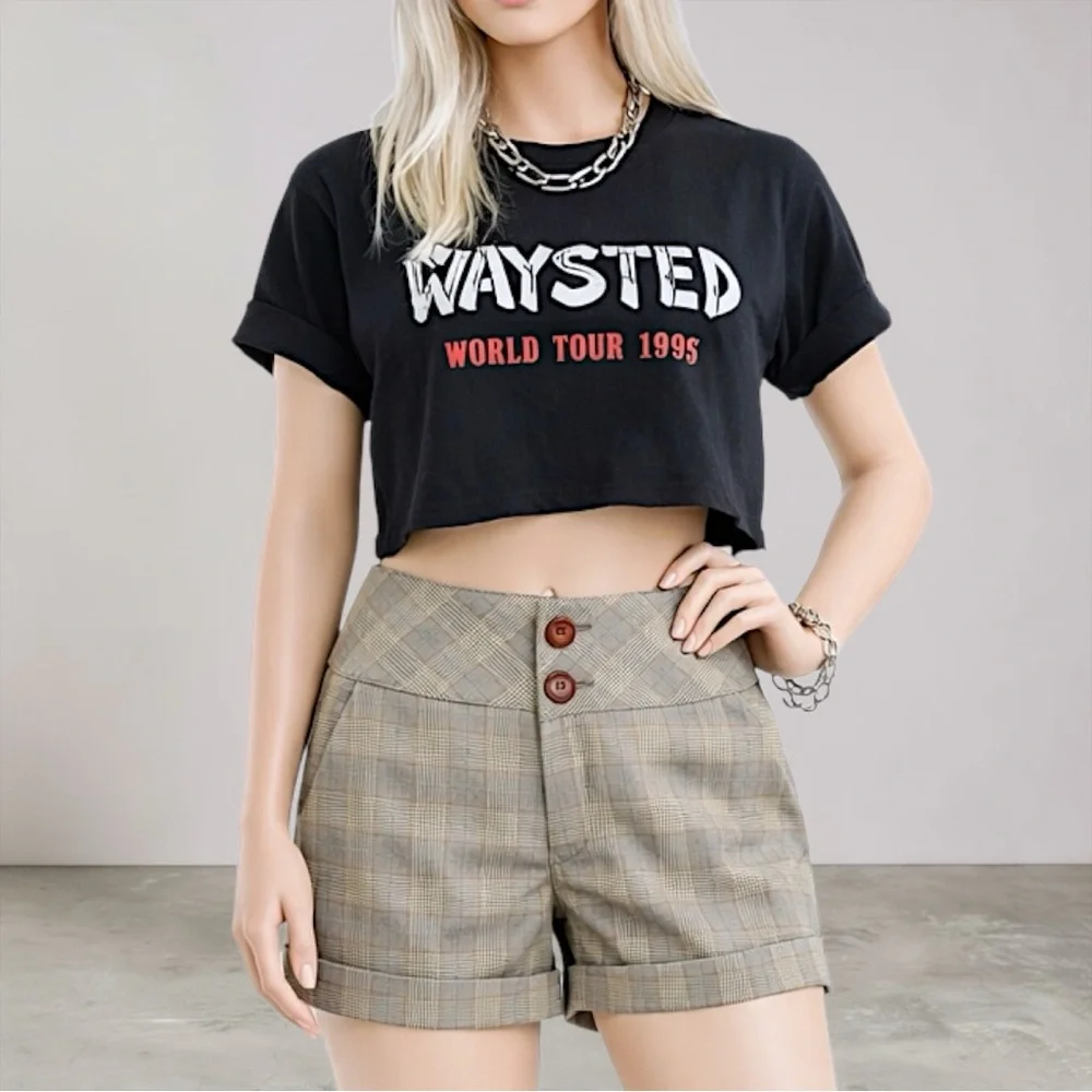 New Celebrity Pink Plaid High-Waist Cuffed Women's Shorts - Beige Plaid